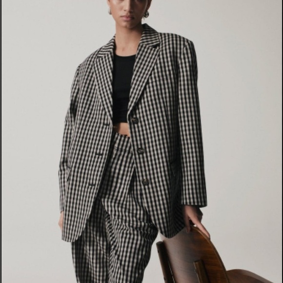 Everlane Blazer 80's Oversized gingham checker black tan tencel cotton 00 new - Picture 14 of 14